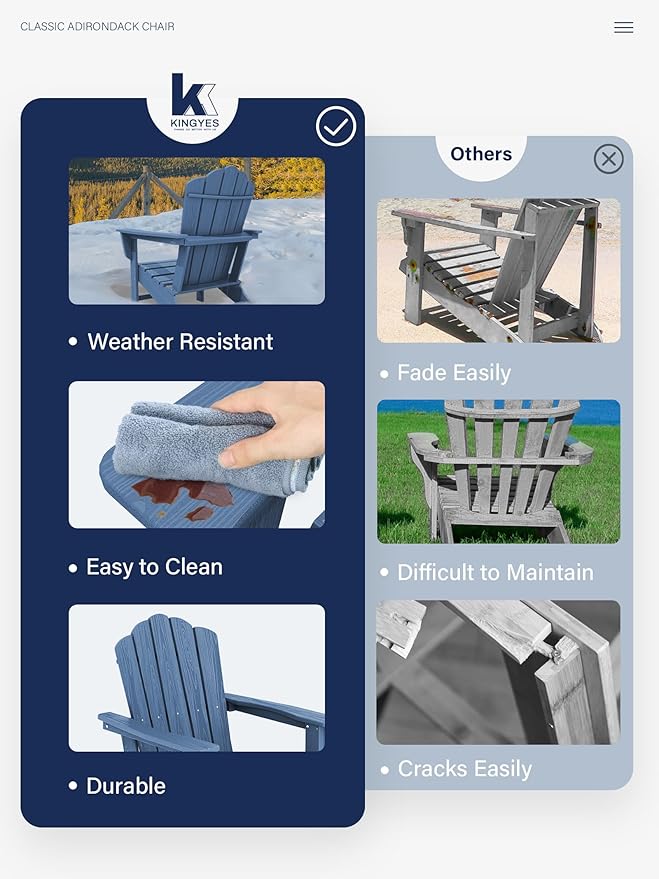 KINGYES HDPE Adirondack Chair, Classic All-Weather Adirondack Chairs Set of 4, Outdoor Patio Adirondack Chair for Deck Lawn fire Pit, Navy