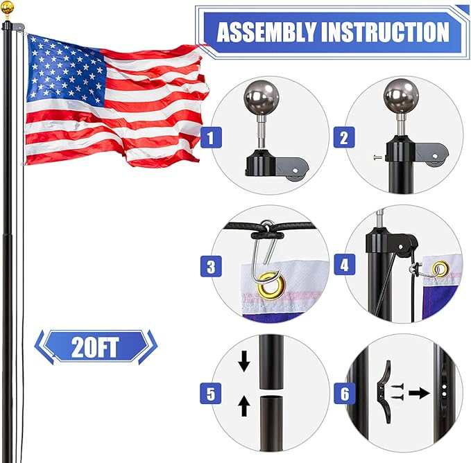 20FT Sectional Super Thick Flag Pole Kit, Heavy Duty 13 Gauge Aluminum in Ground Flagpole with 3x5 American Flag for Residential or Commercial, Black