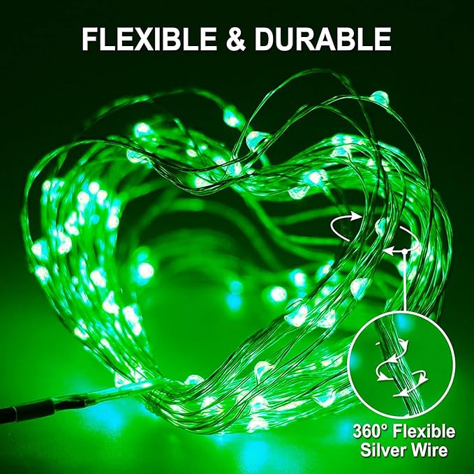 JMEXSUSS 2 Pack Green Solar Fairy Lights, Each 33ft 100 LED Green Solar Lights Outdoor, Waterproof St Patricks Day String Lights for Outside Patio Garden Party Tree Decorations