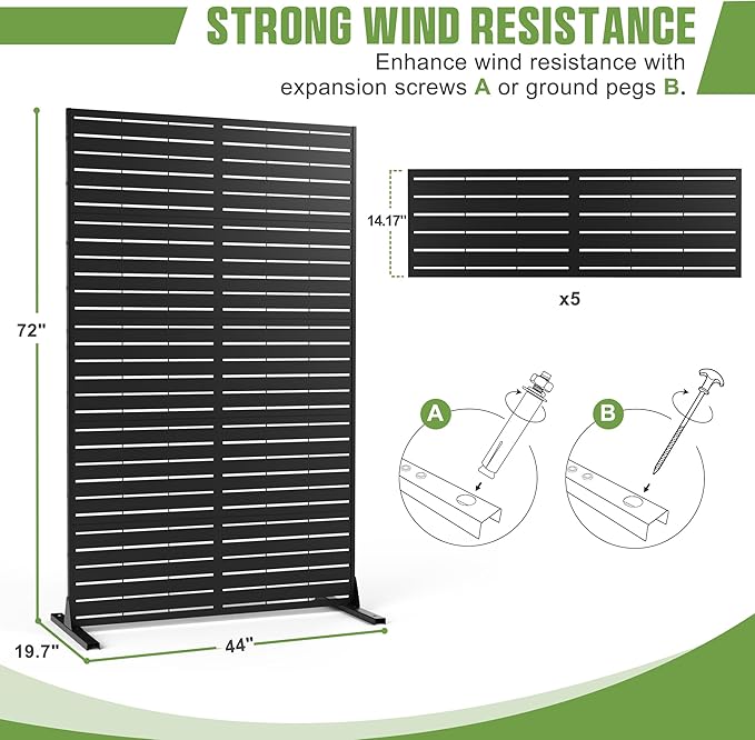 FENCY Metal Privacy Screen with Stand 72" H×44" W Outdoor Freestanding Privacy Panels, Outdoor Privacy Screen for Deck Patio Balcony(Black-Louvered)