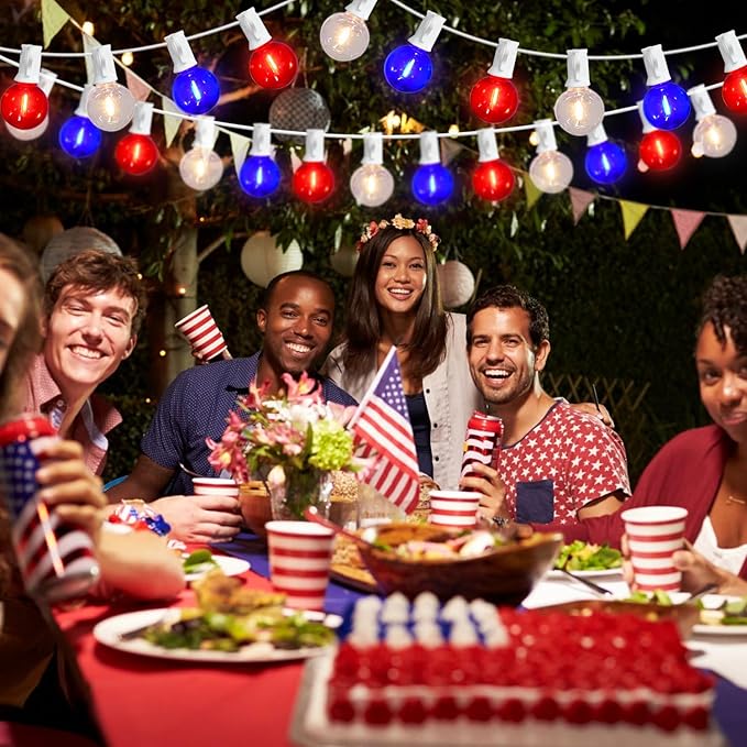 27.8Ft G40 Red White and Blue Lights String with 28 Shatterproof LED Globe Bulbs, for Memorial Day 4th of July Decorations Outdoor & Patriotic Decorations Lights for Home Party Patio Gazebo, 0.6W
