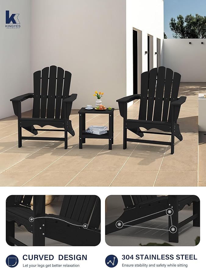 KINGYES HDPE Adirondack Chair, Classic All-Weather Adirondack Chair Set of 4, Black