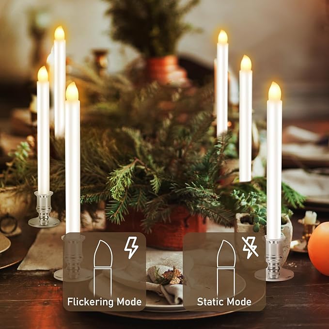 8 Pack Christmas Window Candles, Battery Operated with Timer Remote, LED with Candle Holders Suction Cups, Flickering for Christmas Decorations, Silver