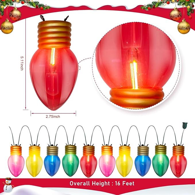 Jumbo Xmas String Lights, 16FT Large Multicolored Bulbs Christmas Hanging Lights with C7 10 LED Giant Multicolor Bulbs, Outdoor Vintage Christmas Decorations for Holiday Home Tree Roof Yard Garden