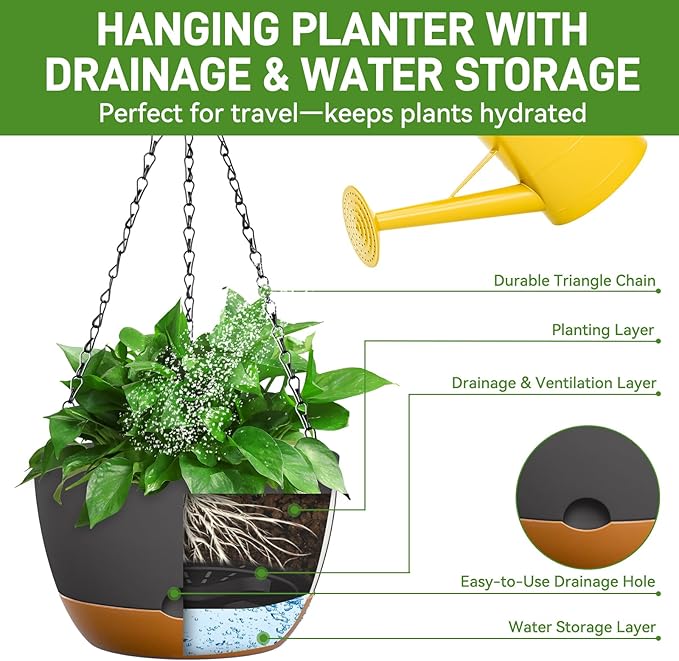 10 Inch Hanging Planters for Indoor & Outdoor Use (2 Pack) - Self-Watering & Drainage Flower Pots with Chain & Macrame Hangers (Deep Gray, 10 in)