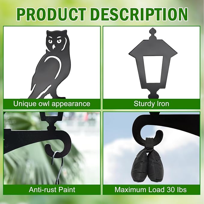 Iron Plant Hangers Outdoor, Metal Plant Hooks for Hanging Baskets, Bird Feeders, Lanterns, Flower Pots, Wall Mount Hanging Plant Holder (Owl & Street Light)