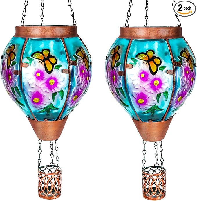 2 Pack Solar Hot Air Balloon Lantern with Flame， Butterfly Glass Outdoor Solar Lanterns for Outside Hanging Farmhouse Patio Pathway Decor, Butterfly Gifts for Women Grandma Mom - Butterfly