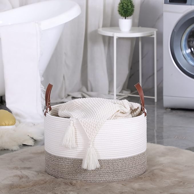KAKAMAY Large Blanket Basket (20"x13"),Woven Baskets for storage Baby Laundry Hamper,Cotton Rope Blanket Basket for Living Room, Laundry, Nursery, Pillows, Baby Toy chest (White/Beige)