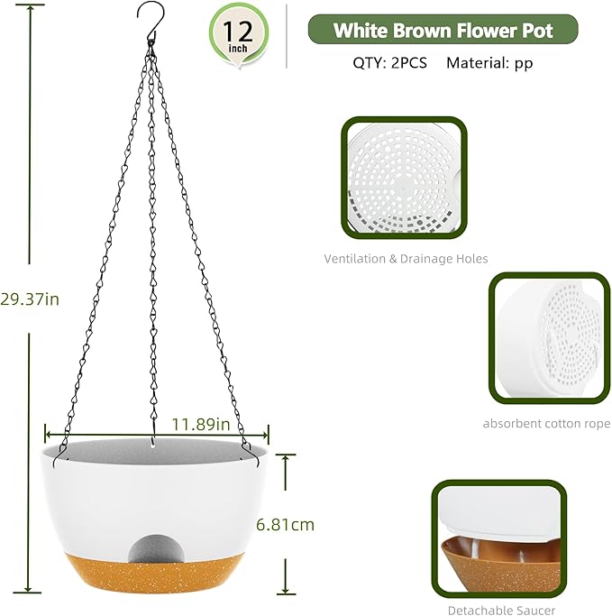 12 Inch Hanging Baskets 2 PC with Chains, Self-Watering Hanging Planters for Indoor Outdoor Plants, Plastic Hanging Flower Pots,White Brown