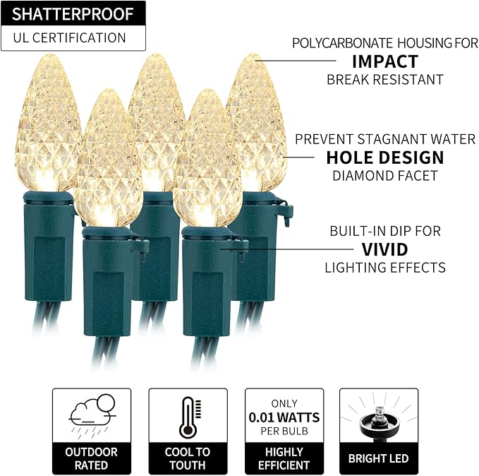 2PC C6 Led Christmas String Lights, 60 Led 20FT Battery Operated Strawberry Lights, Waterproof 8 Lighting Modes Fairy Lights for Indoor Outdoor Patio Garden Party X-mas Decoration(Warm White)