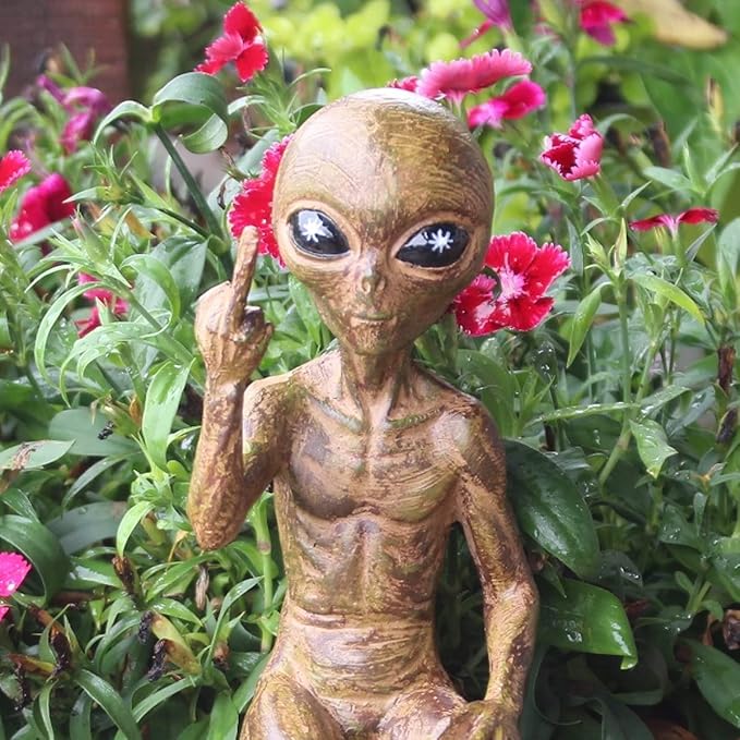 John Bernard & Company Rude Alien Statue “Flipping The Bird” 10″ H Shelf Sitter Extraterrestrial Figurine Funny Home or Garden Decoration (Starlight Bronze)…