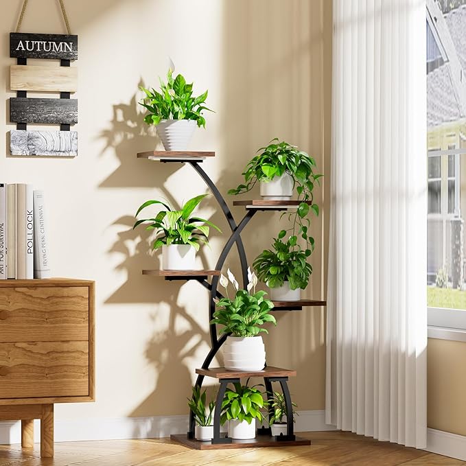 JUSTOGO Plant Stand Indoor with Grow Lights - 6 Tiered Plant Shelf Indoor, 36“ Corner Shelves for Plants Multiple, Metal Curved Flower Holder Display Rack for Patio, Balcony, Home Decor