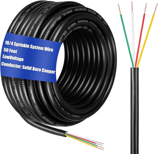 Hoolerry Solid Sprinkler System Wire 18 Gauge Irrigation Wire with UV Resistant PVC Jacket Sprinkler Cable for Underground Irrigation Field Central Control System 30v Ul Listed(18/4, 50 Ft)