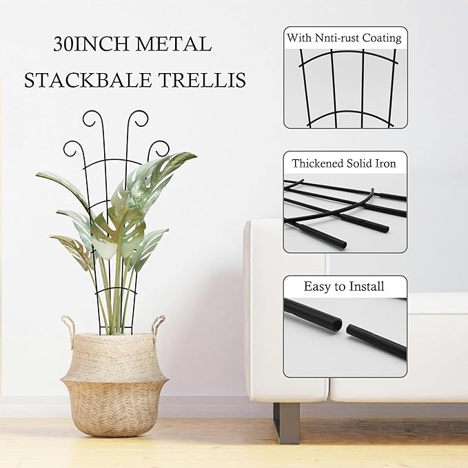 30 Inch Plant Trellis Indoor for Potted Plants 3 Pack Indoor Plant Trellis for Climbing Plants Stackable Houseplant Trellis Metal Garden Pot Trellis for Vine Ivy Support(30inch Black)