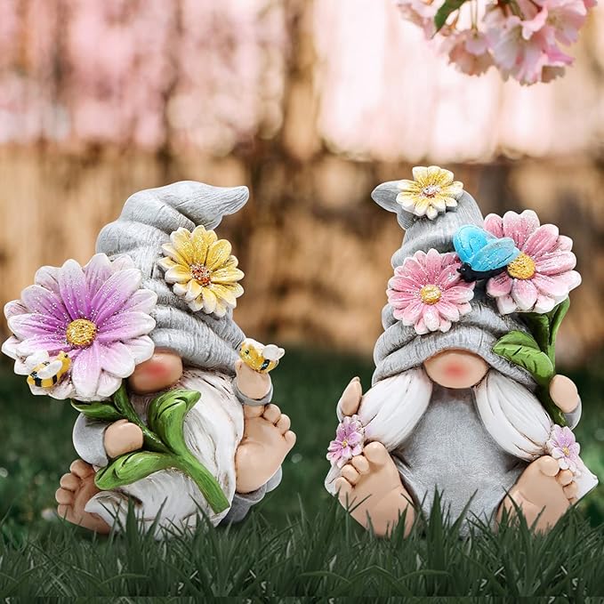 Hodao Set of 2 Spring Gnome Decorations Flower Gnomes Ornaments Decor Summer Gnomes Figurines Spring Gnomes for Outdoor Garden Decor Spring Birthday Gifts for Women, Mom, Grandma (Grey)
