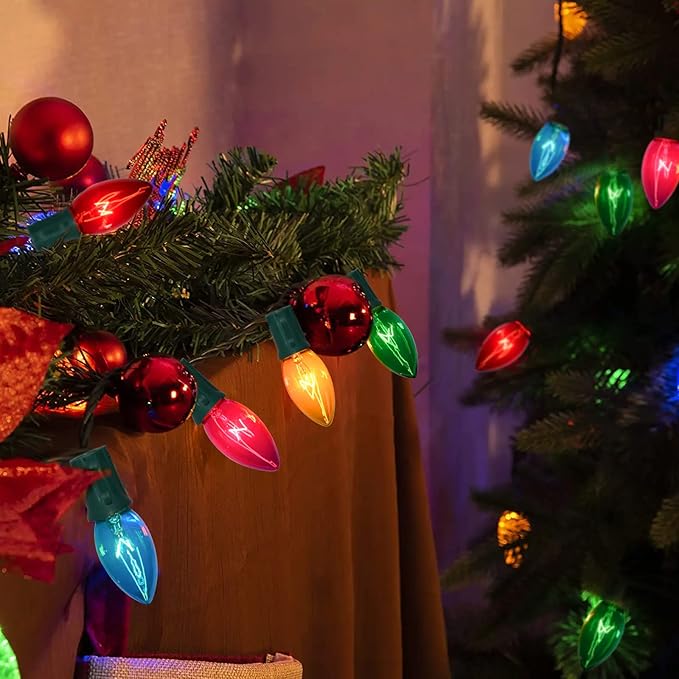 25 FT C9 Clear Multicolor Christmas String Light Outddor,Vintage C9 Christmas Lights with 26 Edison Bulbs(1 Spare), C9/ E17 Base,Multicolor Lights for Christmas Party Backyard Wedding Decor