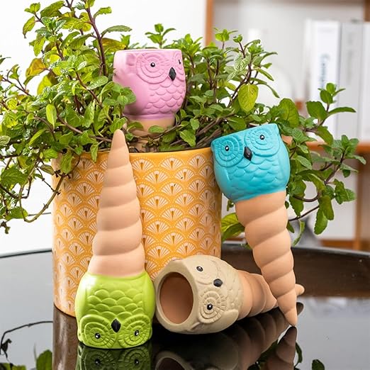 Self Watering Spikes for Plants, Terracotta Slow Release Watering System - Vacation Plant Waterer, 4 Pack Owl Shape Automatic Plant Watering Devices for Indoor Outdoor Potted Plants