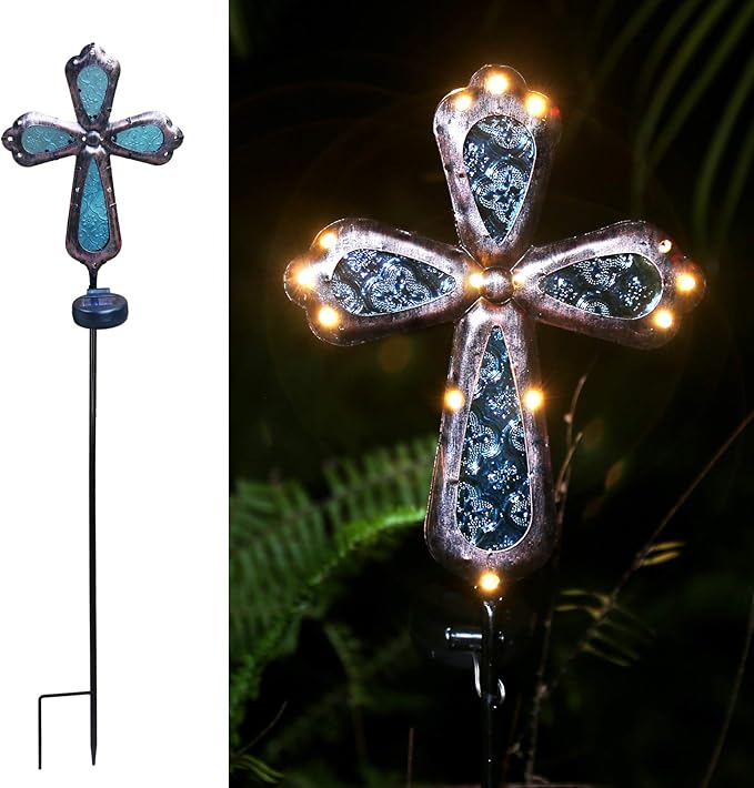 KAIXOXIN Solar Power Cross Stake Warm White Color Florals Solar Lights Garden Decor Memorial Gift Cemetery Decoration LED Outdoor Landscape Light