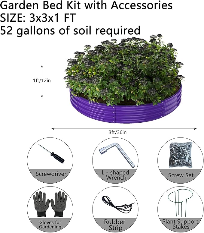 Galvanized Metal Planter Round Raised Garden Bed Kit for Gardening Outdoor，3x3x1ft Grow Garden Box Raised Flower Bed，Round Galvanized Planter Outdoor Large Metal Fire Pit Ring