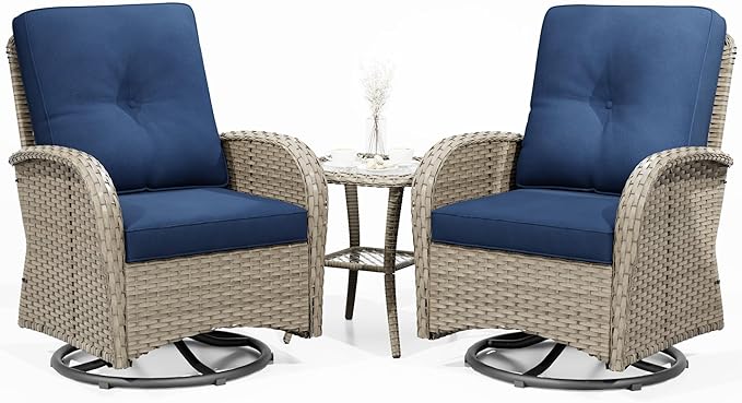 Joyside Outdoor Swivel Rocker Chairs, 3 Piece Wicker Patio Set with Thick Cushion and Side Table, Rattan Patio Swivel Rocking Chairs for Porch, Deck Use (Natural/Blue, 3 PCS)