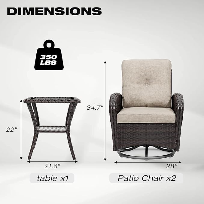 Joyside Outdoor Swivel Rocker Chairs, 3 Piece Wicker Patio Set with Thick Cushion and Side Table, Rattan Patio Swivel Rocking Chairs for Porch, Deck Use (Brown/Beige, 3 PCS)