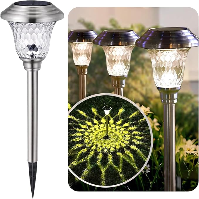 BEAU JARDIN 8 Pack Solar Pathway Lights Outdoor Stainless Steel Lights Solar Powered Waterproof Glass High Lumen Garden Landscape Path Yard Walkway Driveway Outside Color Changing Cool White Silver