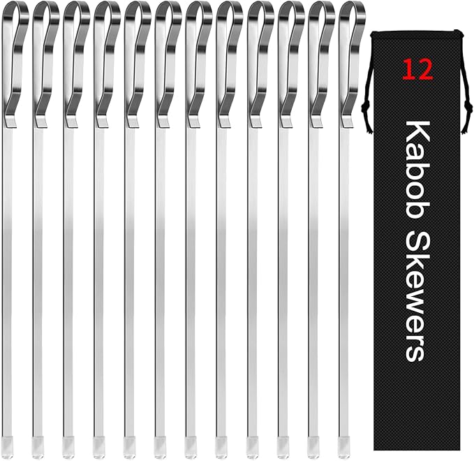 Kabob Skewers 17" Stainless Steel Long BBQ Barbecue Skewers, Flat Metal Kebob Sticks Wide Reusable Grilling Skewers for Meat Chicken,Set of 12 with Storage Bag