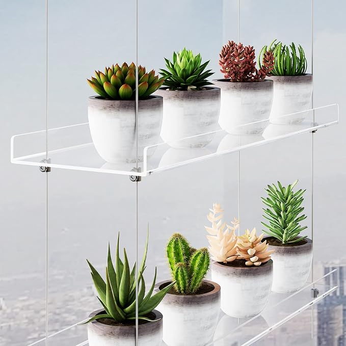 3-Tier Clear Hanging Window Plant Shelves 16In, Height Adjustable Acrylic , Indoor Windows Wall Hanging Plant Stand Flower Display, Flower Pot Organizer Storage for Grow Herbs, Microgreens, Succulents