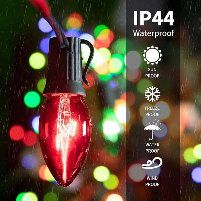 C9 Bulb String Lights Outdoor 100 Feet Multicolored Christmas Lights Green Wire for Outdoor Patio Room Christmas Tree Party Backyard Xmas Decoration, E17 Base, 100+4 Bulbs, Not Connectable