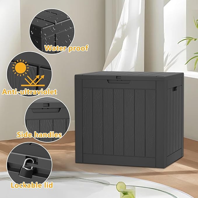 30 Gallon Resin Deck Box,Lockable Outdoor Storage Box for Patio Cushions Storage Furniture,Garden Tools,Pool Supplies, Weatherproof and UV Resistant- Black
