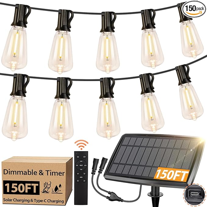 150FT Solar String Lights for Outside, Solar Powered Patio Lights with 52 Shatterproof ST38 Edison Bulbs & Remote Control,Dimmable LED Solar String Lights for Outside Waterproof