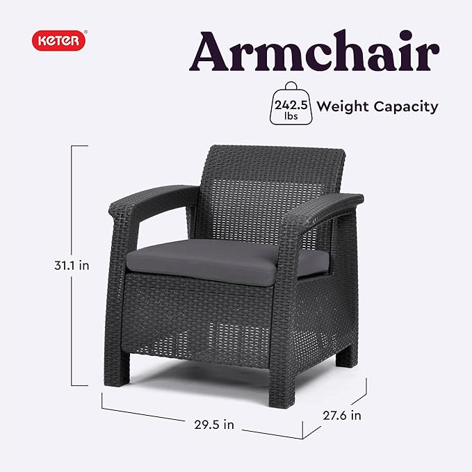 Keter Corfu 4 Piece Set All Weather Outdoor Patio Garden Furniture with Cushions, Charcoal