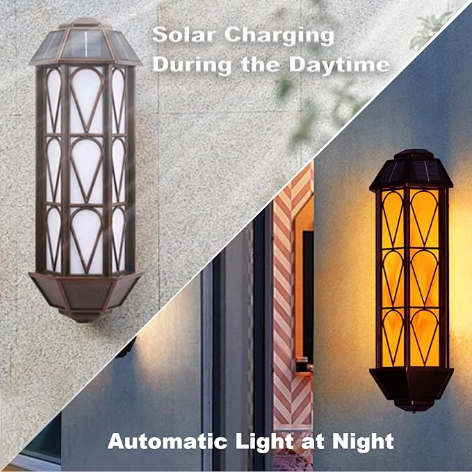 KINGLEAD 4 Pack Flickering Flame Solar Wall Lights - Outdoor Waterproof, Sensor with 2 Lighting Modes, Vintage for House Garden Porch Backyard Patio