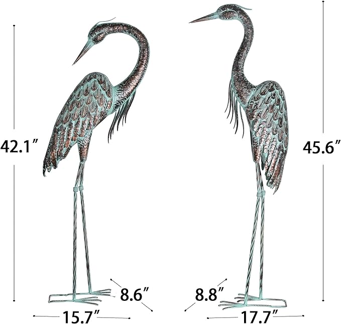 Kircust Garden Crane Statues, Standing Metal Patina Heron Decoy Outdoor Statue, 42-46 Inch Bird Yard Art for Patio Lawn Pond, Set of 2