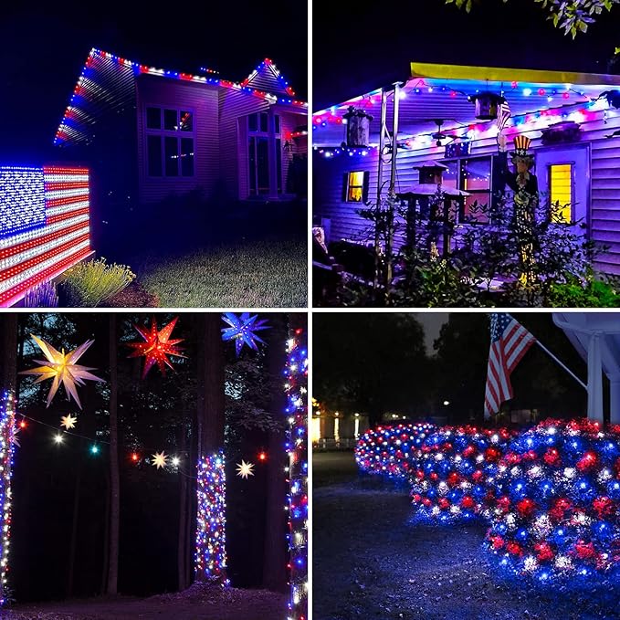JMEXSUSS 4th of July Decorations 250 LED Red White and Blue Fairy String Lights, 4th of July Lights Outdoor with 8 Modes, 91.5ft Connectable Patriotic Lights Waterproof for Home Yard Patio Party Decor