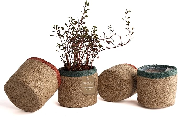 Jute Planter Basket-Woven Jute Rope Covers for Decorating Indoor/Outdoor Succulents, Small Plant Pots-Set of 4-Multi-Purpose Storage Bins 4.5 in - Modern Style Décor - Red, Green & Natural