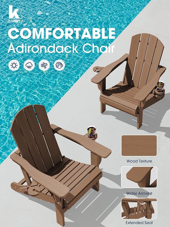 KINGYES Folding Adirondack Chair Set of 6, Dual Cup Holders & All-Weather HDPE, Wood-Like Patio Chair for Backyard, Camping, Pool & Fire Pit, Brown