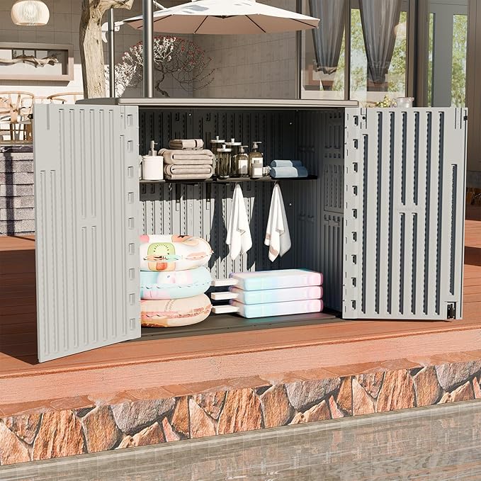 HOMSPARK 37 Cu.Ft Outdoor Storage Shed Weather Resistant, Resin Storage Sheds & Outdoor Storage Box for Backyard Garden Patio Lawn, Multi functional | Double-wall Shed with Lockable Doors,(Light Gray)