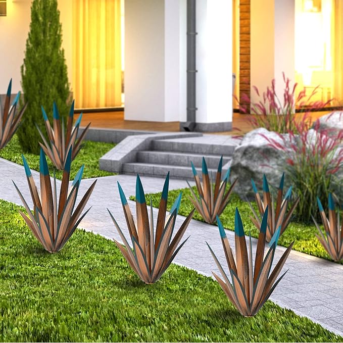 Tequila Rustic Sculpture, 2Pack DIY Rustic Hand Painted Metal Agave, Metal Agave Plant Home Decor, Garden Yard Sculpture Lawn Home Art Decoration Statue, Garden Ornaments Outdoor Decor (Small)