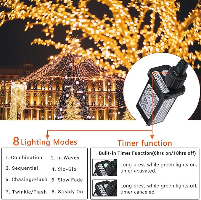 338Ft LED Christmas Lights Outdoor - 1000 String Lights With 8 Modes, Timer, Waterproof Fairy Twinkle for Party, Garden, Wedding, Holiday, Xmas Tree Decorations (Warm White)