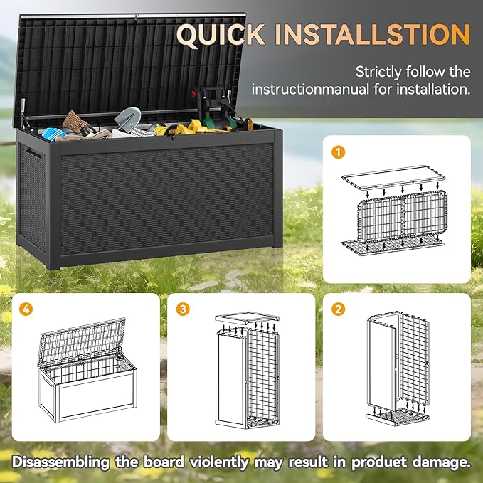 KAMABOKO 260 Gallon Outdoor Storage Box, Resin Deck Boxes Indoor and outdoor, Waterproof Storage Box Lockable Lid for Garden Tools, Package Delivery, Patio Cushions, Black