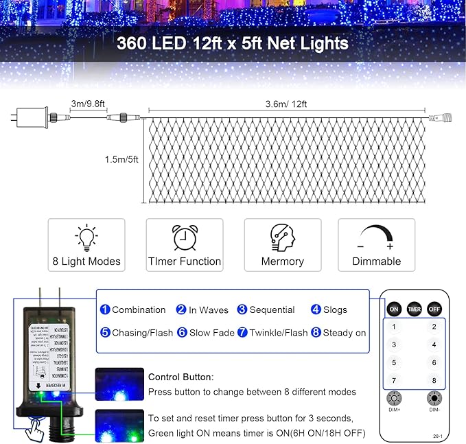 JMEXSUSS 360 LED Blue Net Lights Outdoor, Connectable 12ft x 5ft Christmas Net Lights Plug in with Remote, 8 Modes Waterproof Christmas Mesh String Lights for Bushes Christmas Decorations