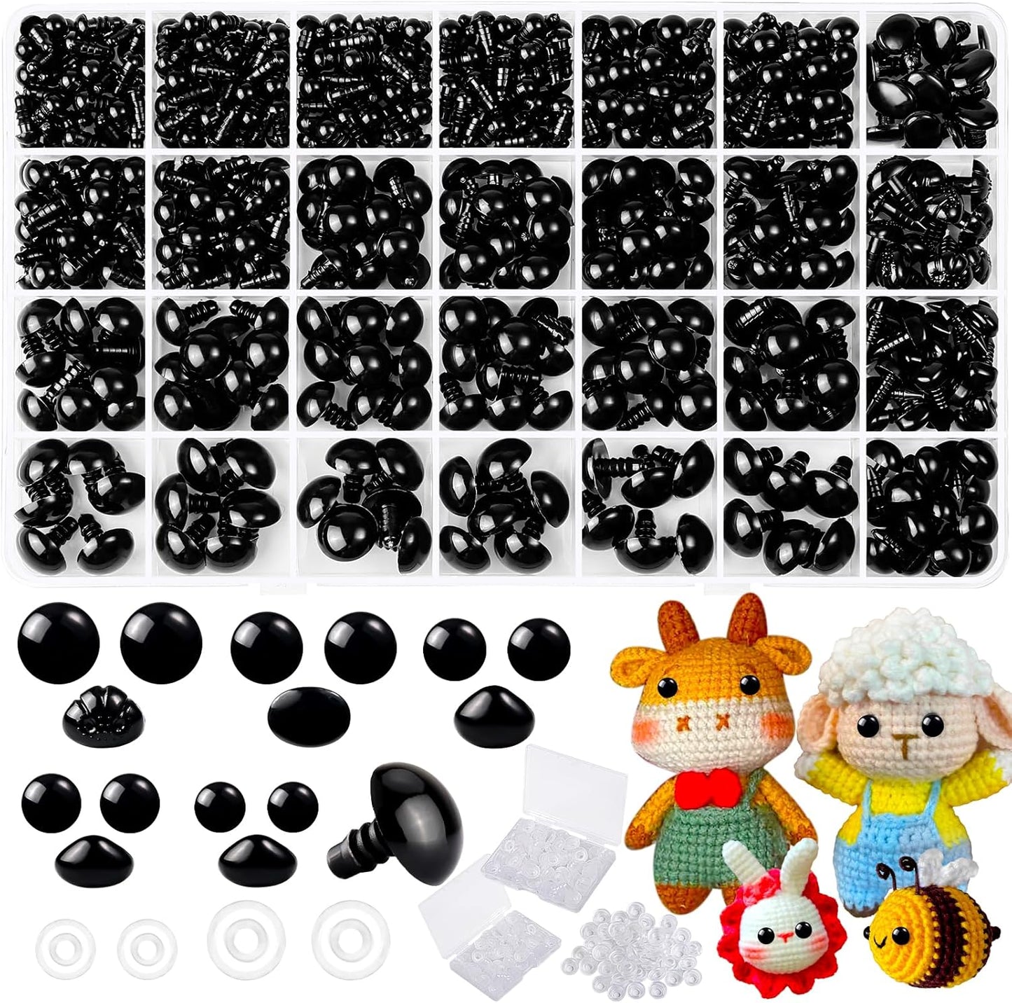 1000 Pcs 6-14mm Safety Eyes and Noses for Crochet, Black Plastic Safety Eyes with Washers, Craft Doll Eyes for Stuffed Animals, DIY Accessories, Assorted Sizes