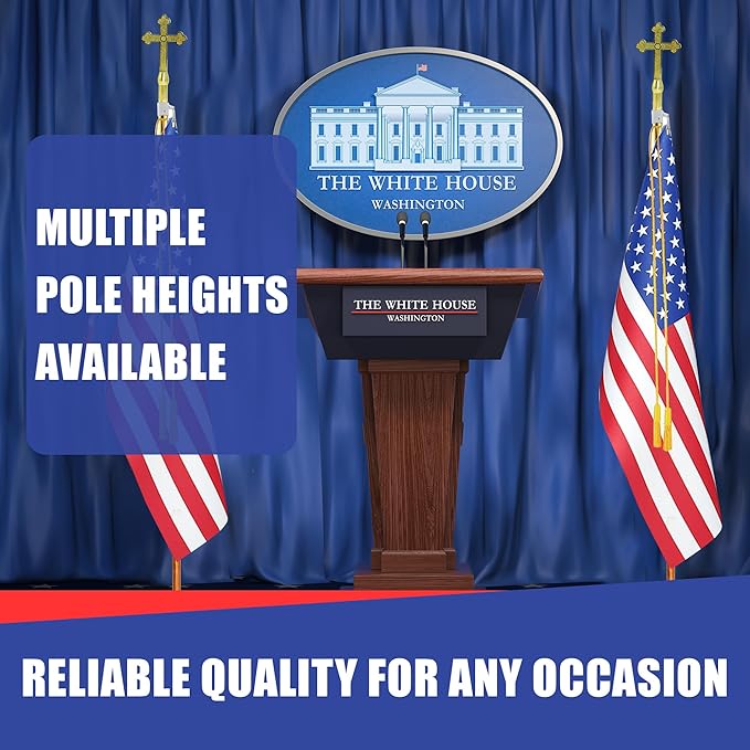 Super Tough Indoor Flag Pole kit 8ft -Fancy Cross Plastic -Gold Texture Base - Aluminum Flagpole with Brass Finish - Heavy Duty Inside House Flagstaff - Interior Shaft and Stand - No Ensign Included