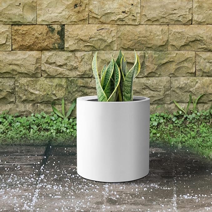 Kante 9.8" Dia Round Concrete Planter, Modern Style Large Cylindrical Plant Pot with Drainage Hole and Rubber Plug for Indoor Outdoor Patio, Pure White