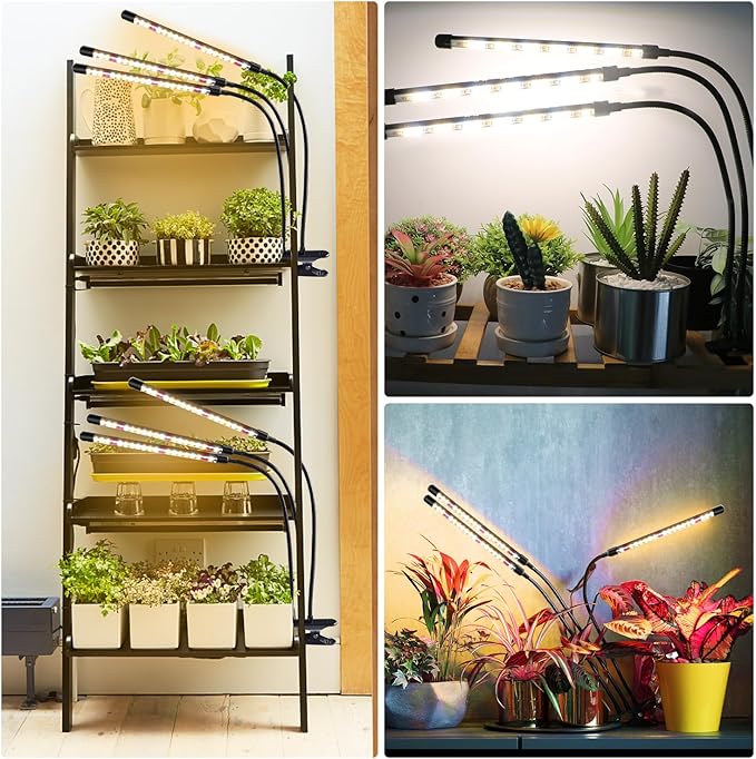 3head Plant Lights for Indoor Growing, Grow Light for Indoor Plants, Full Spectrum Growing Lamps with Clip, Auto ON & Off Timer 3/9/12H, 3 Switch Modes, 10-Level Dimmable Brightness