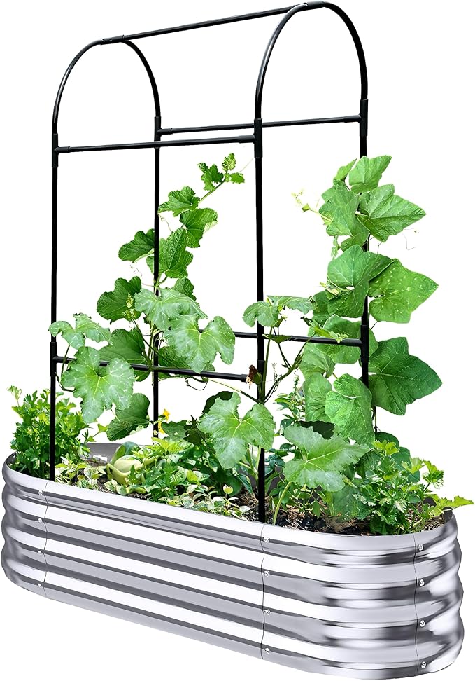 KING BIRD Raised Garden Bed with Arched Trellis Galvanized Planter Garden Box Outdoor for Gardening, Climbing Vegetables, Flowers 3.94x1.97x0.98 Ft, Silver