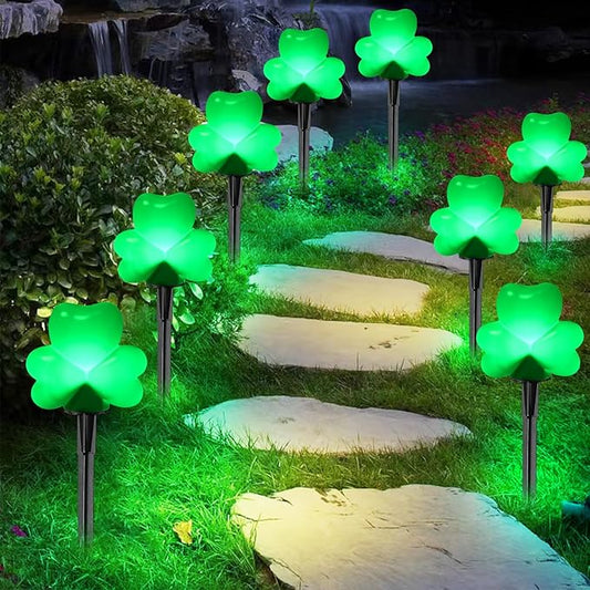 2 Sets 4 Pack St. Patricks Green Shamrock Pathway Lights Outdoor for St. Patricks Day Decorations, C7 LED Green Lucky Clover Garden Lights Waterproof, UL Certified for Lawn Yard Walkway Decor, Plug In