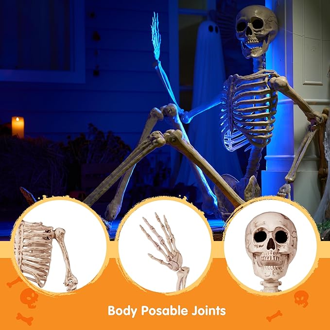 JOYIN 6.9 FT Halloween Skeleton Posable Plastic Full Body Realistic Human Bones with Movable Joints for Indoor Outdoor Halloween Props Spooky Scene Party Decorations（Yellow,No Screwdriver）