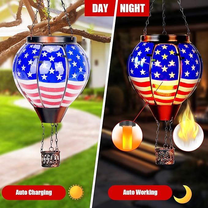 2 Pack Solar Hot Air Balloon Lantern with Flame, Hot Air Balloon Christmas Halloween Outdoor Decorations for Garden Decor, Glass Large Hanging Outdoor Decor,Solar Lantern Waterproof, Flag Decorations